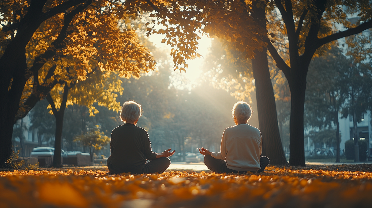 Мирні люди старшого віку в позі лотоса на заході сонця